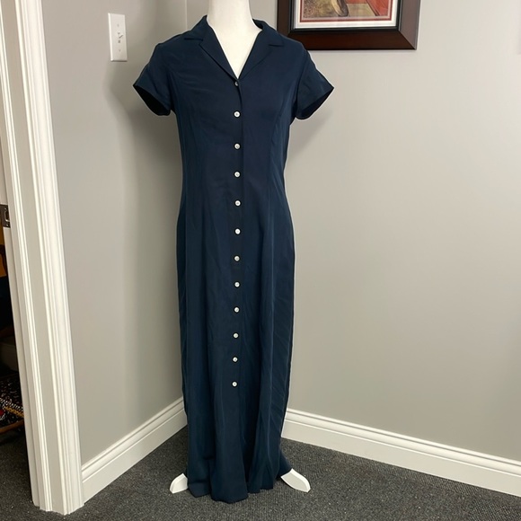 Lauren Ralph Lauren Dresses & Skirts - LAUREN Ralph Lauren short sleeve navy blue button down silk maxi dress | 6 90s